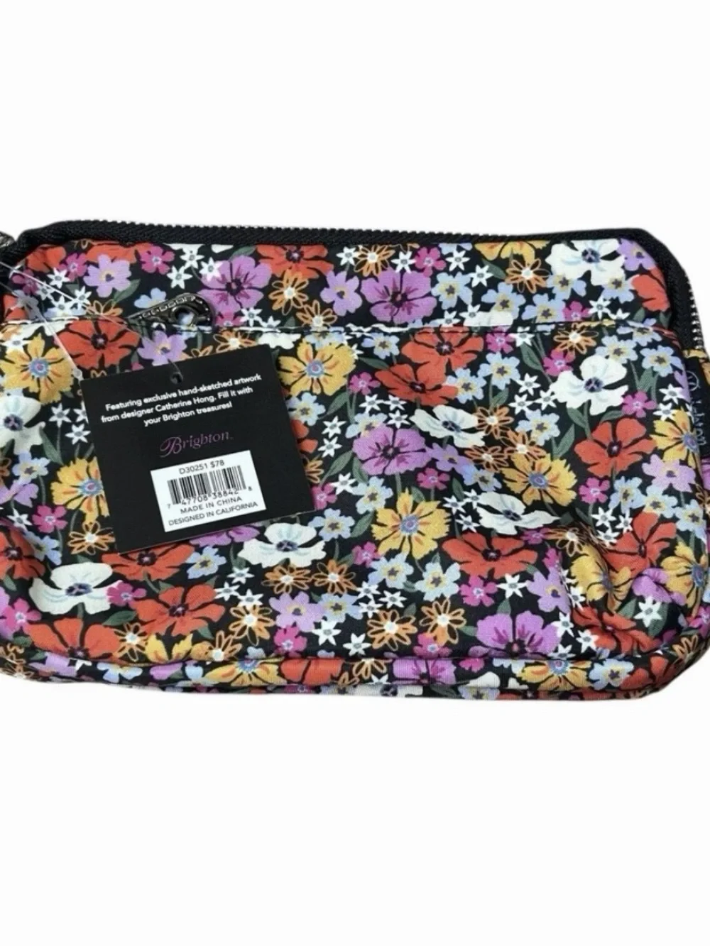 Brighton Floral Zip Cosmetic Pouch - Black with Purple, Orange & Yellow Flowers